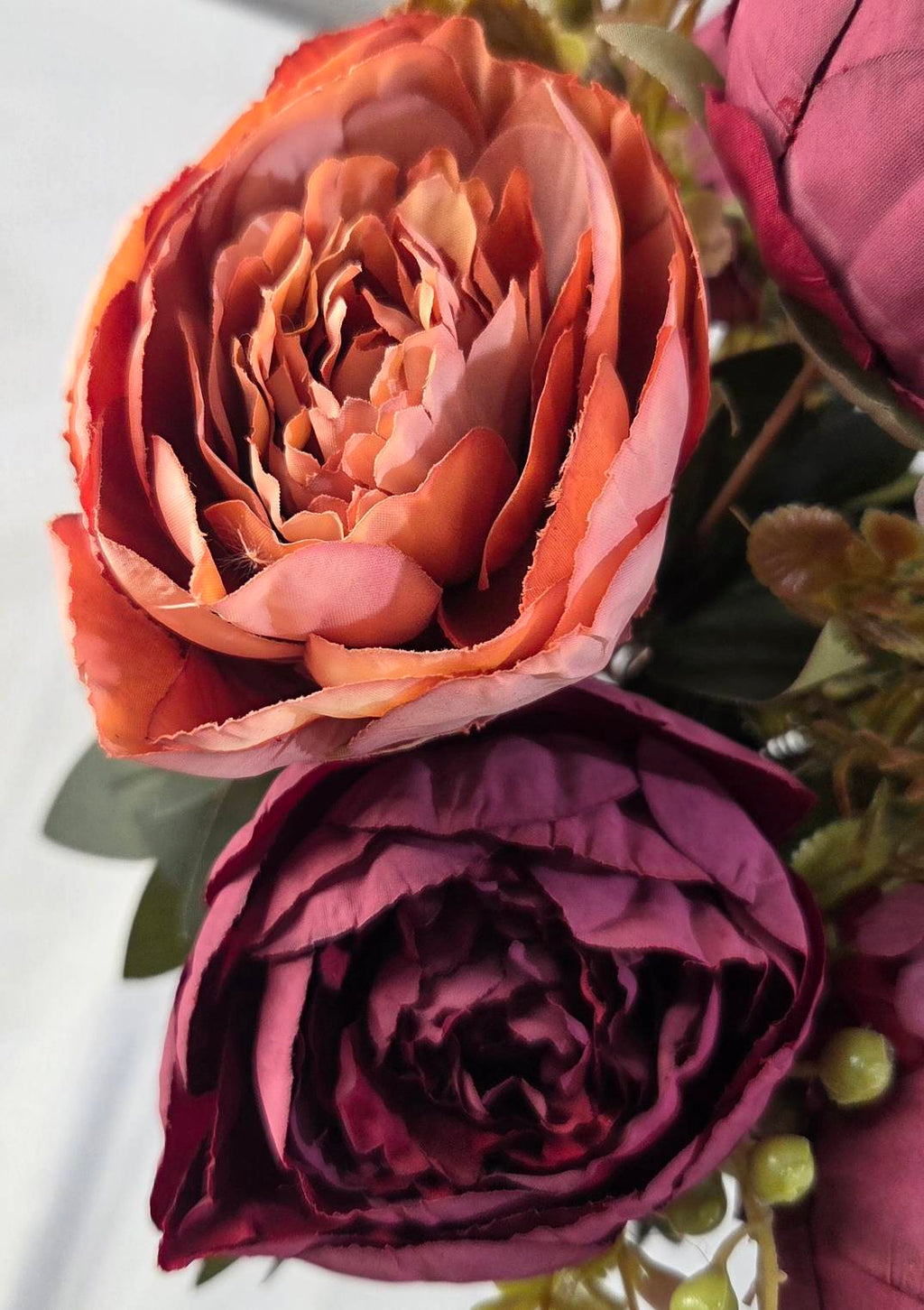 Faux Peony Rose Bouquet ROS-06 close-up - layered terracotta and blush peony petals with spiral center