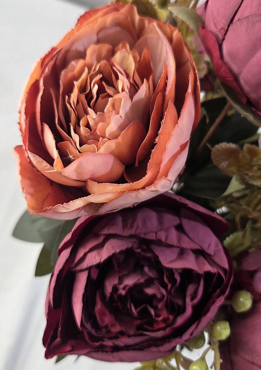 Faux Peony Rose Bouquet ROS-06 close-up - layered terracotta and blush peony petals with spiral center