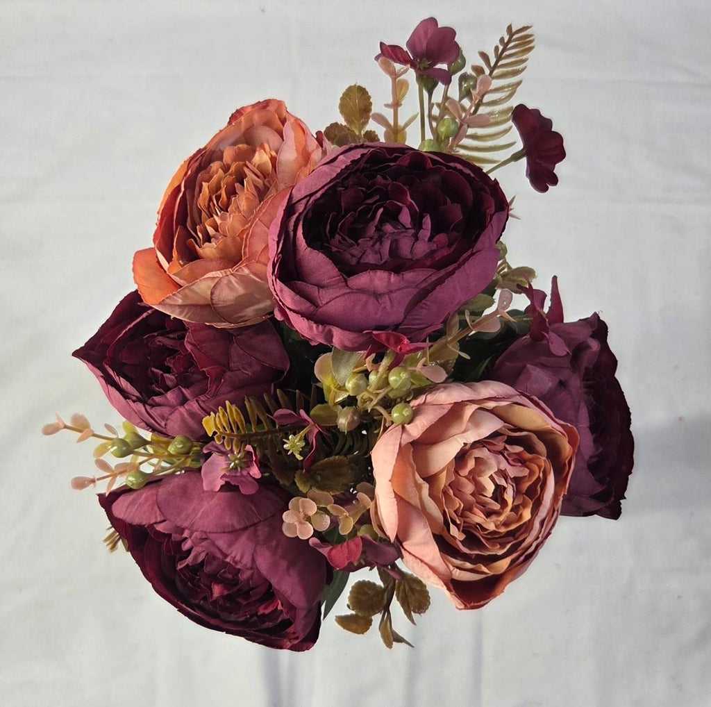 Faux Peony Rose Bouquet ROS-06 top view - deep burgundy and terracotta peony blooms with golden fern and green berry accents
