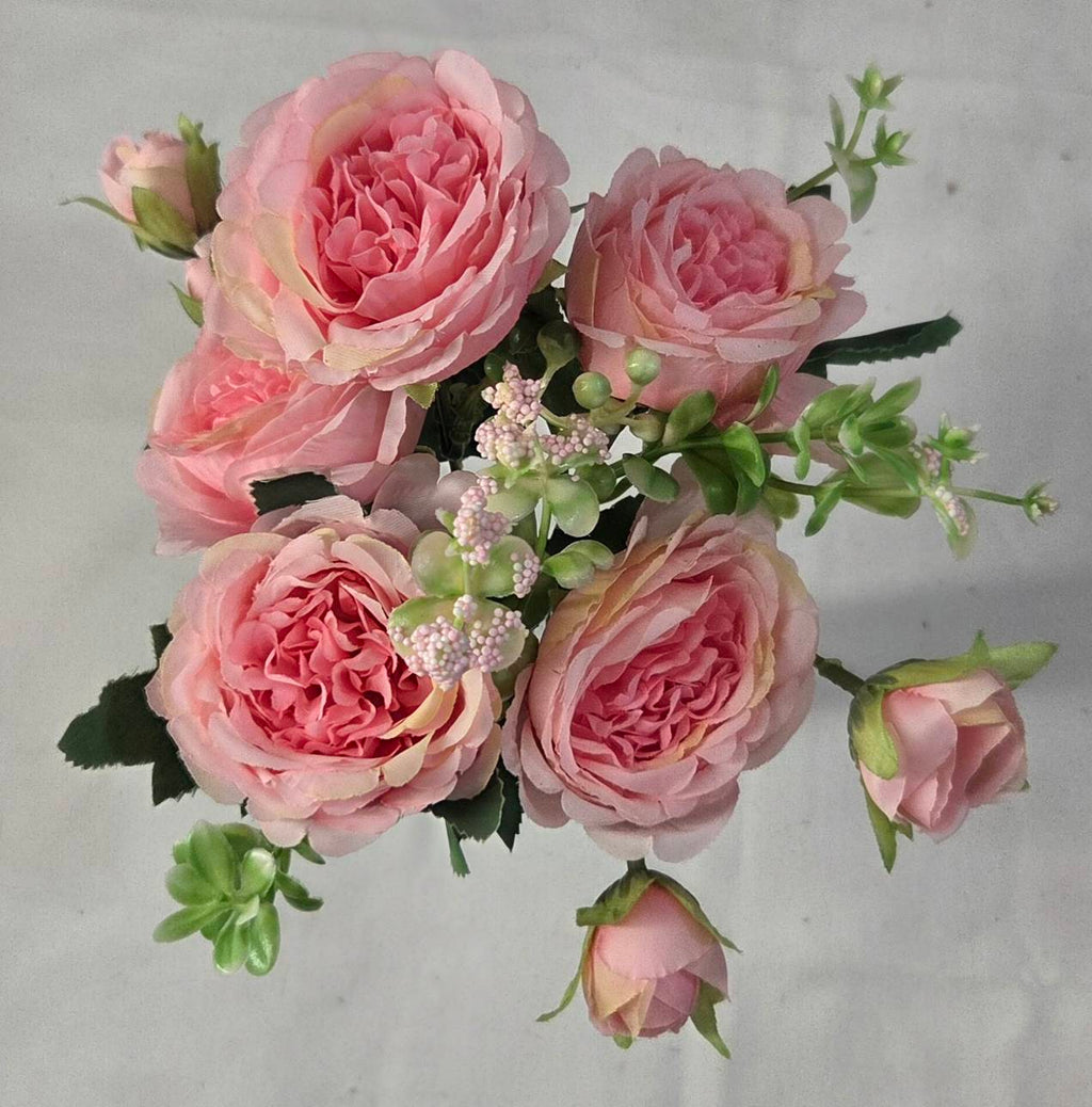 Faux Peony Rose Bouquet ROV-01 close-up - layered blush pink peony petals with spiral center and white berry accents