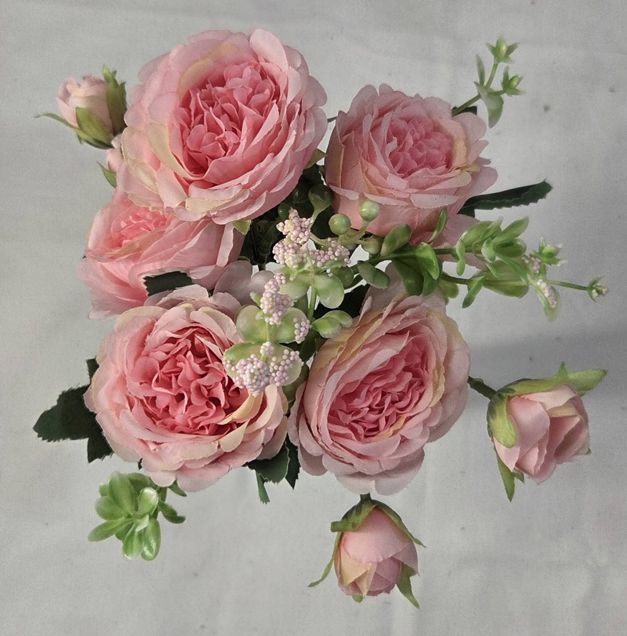 Faux Peony Rose Bouquet ROV-01 close-up - layered blush pink peony petals with spiral center and white berry accents
