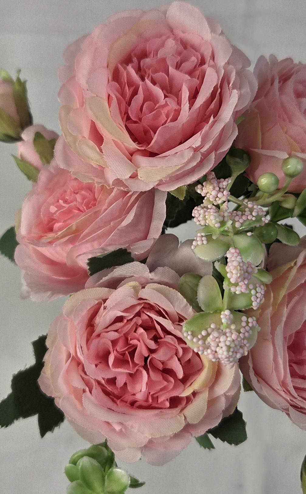 Faux Peony Rose Bouquet ROV-01 single stem - blush pink peony bloom with faux wildflower spray and green leaves