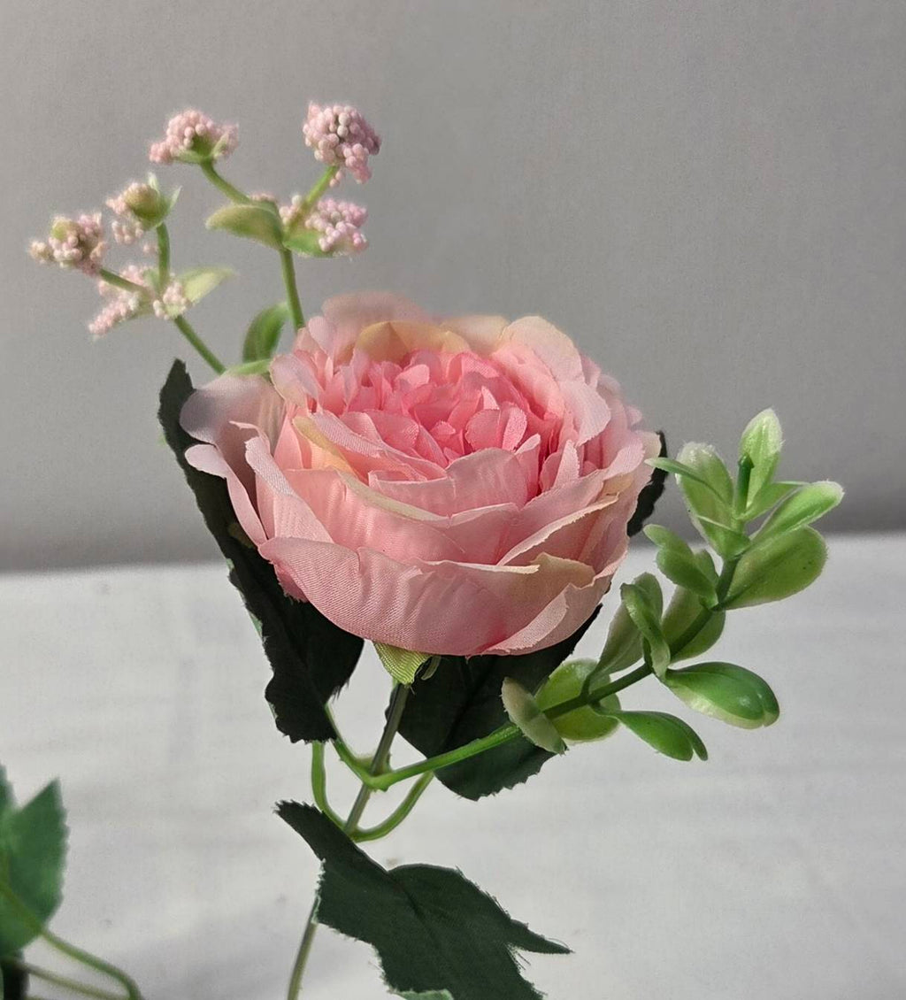 Faux Peony Rose Bouquet ROV-01 stem detail - blush pink peony with rose buds and dark green serrated leaves