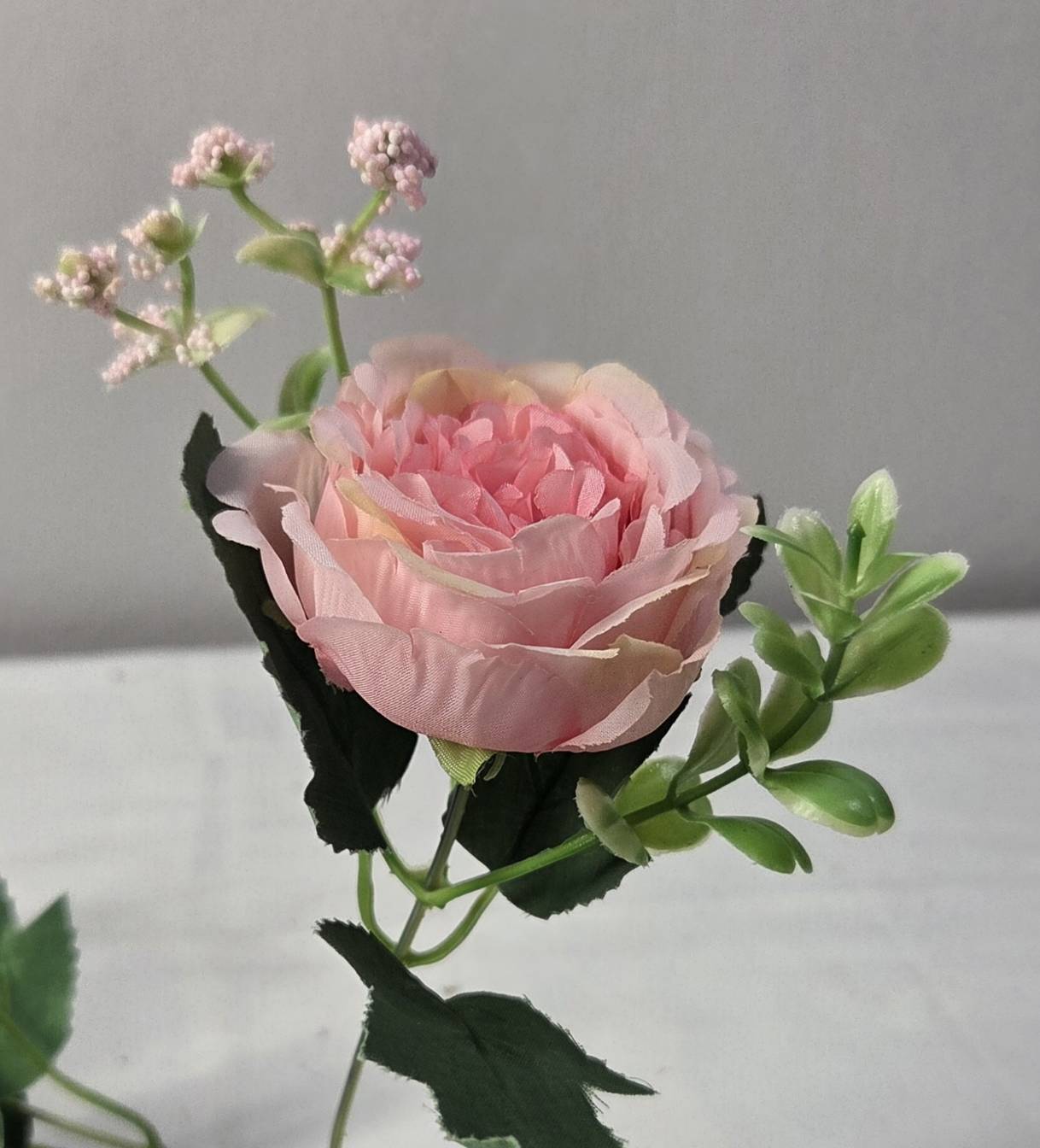 Faux Peony Rose Bouquet ROV-01 stem detail - blush pink peony with rose buds and dark green serrated leaves