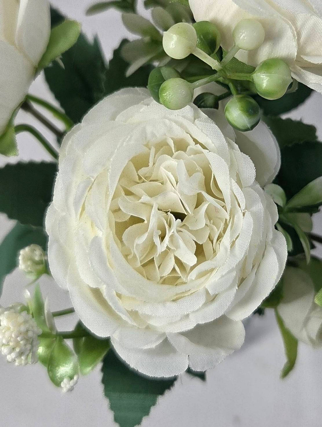 Faux Peony Rose Bouquet ROV-02 single stem - white peony bloom with two buds and dark green serrated leaves