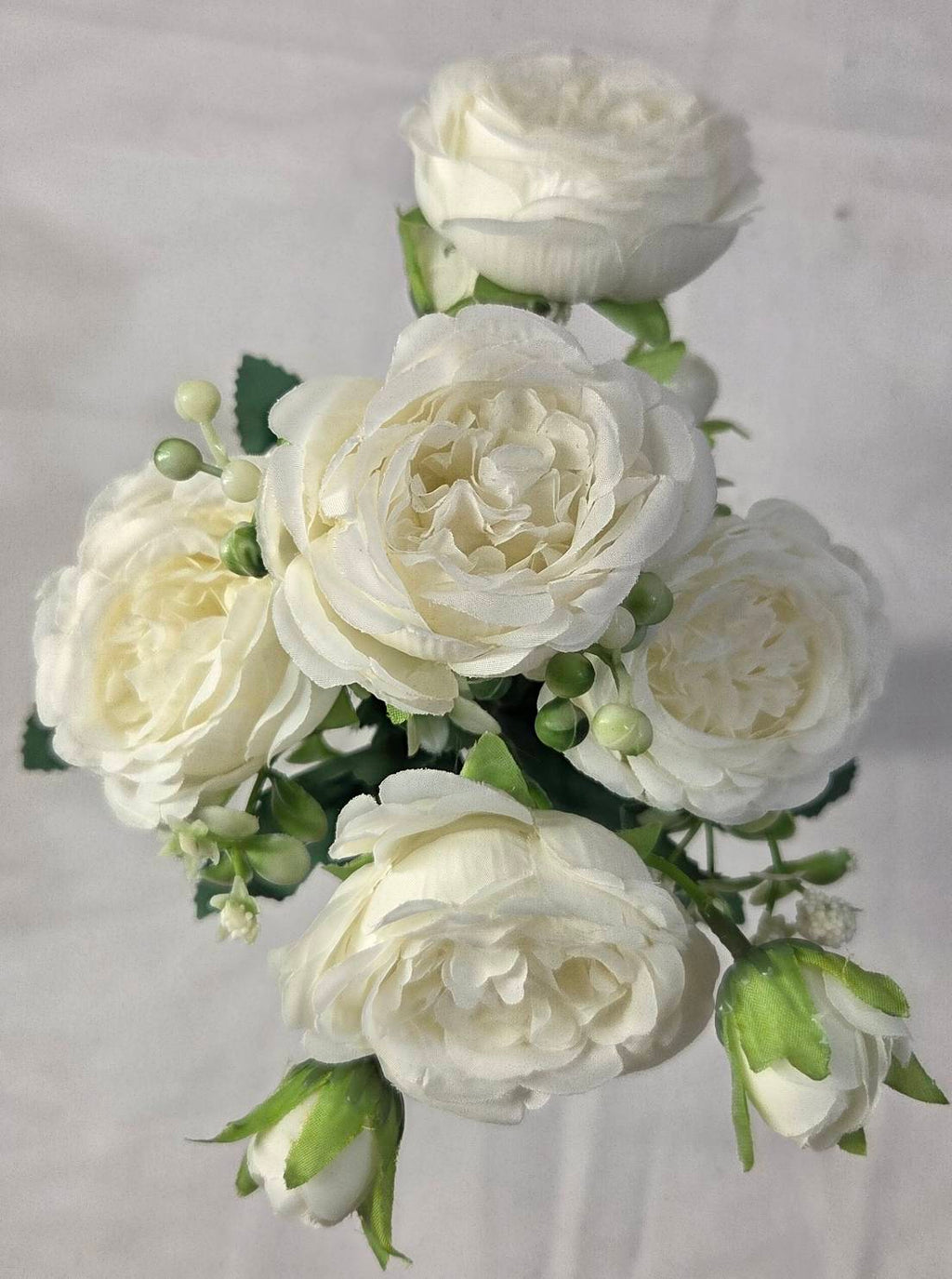 Faux Peony Rose Bouquet ROV-02 close-up - white peony bloom with white wildflower sprays and green foliage