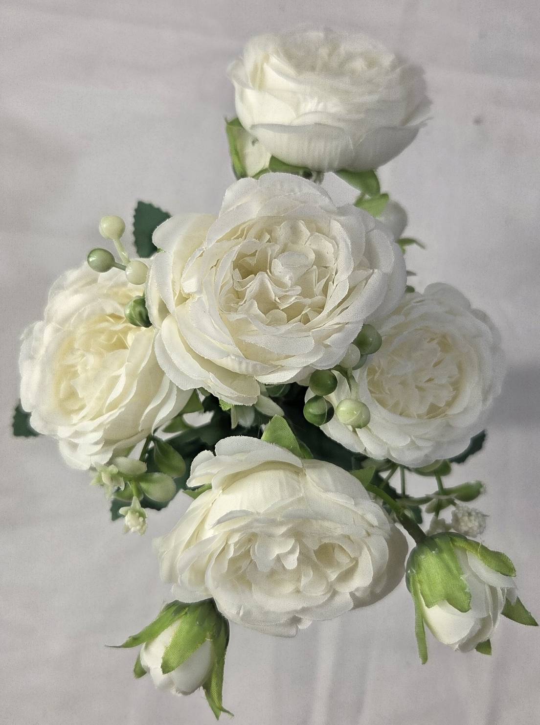 Faux Peony Rose Bouquet ROV-02 close-up - white peony bloom with white wildflower sprays and green foliage