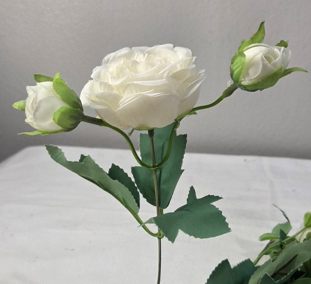 Faux Peony Rose Bouquet ROV-02 lifestyle - white peony bouquet in glass vase on bookshelf with gold frame and neutral decor