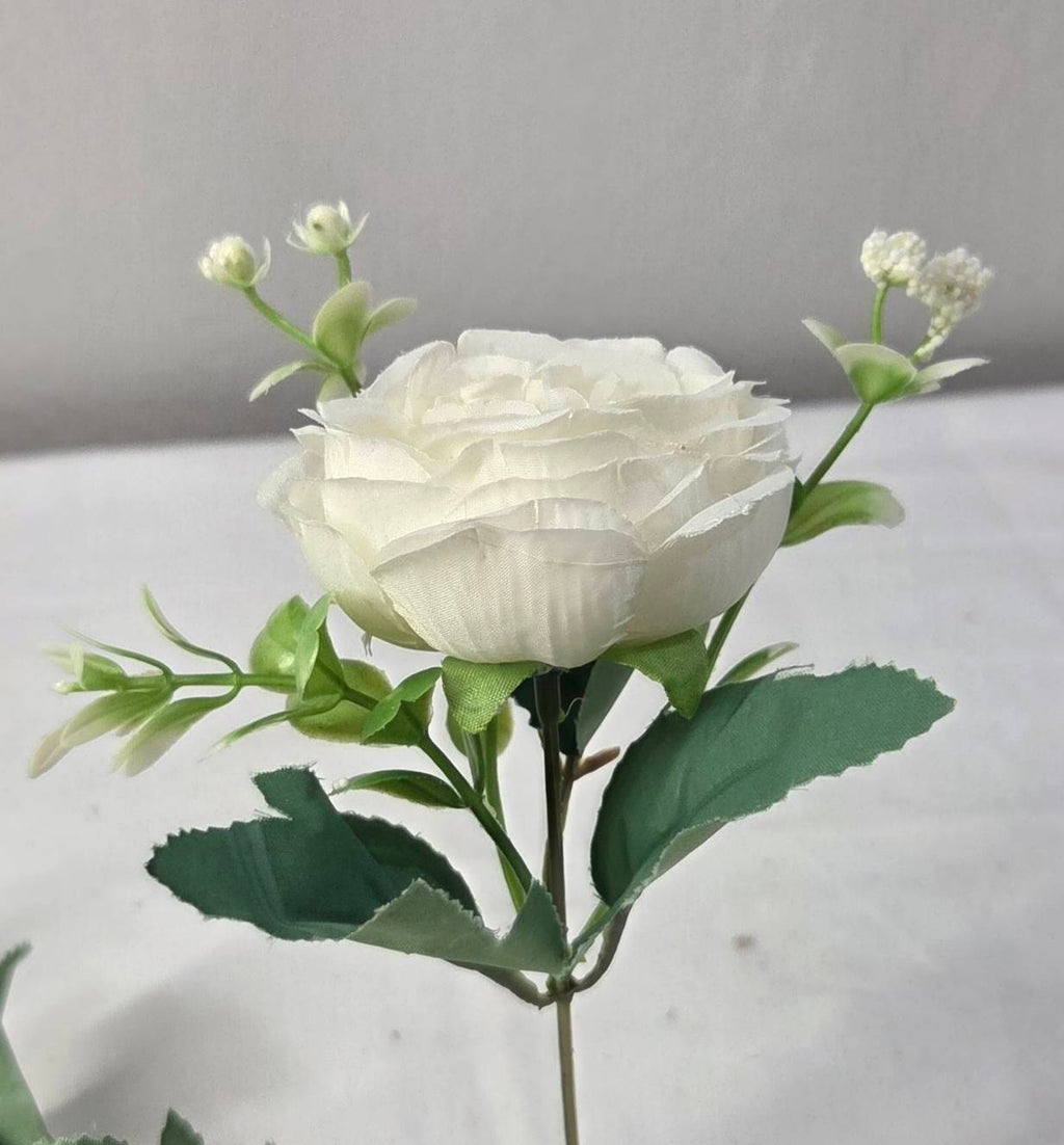 Faux Peony Rose Bouquet ROV-02 in glass vase - mixed white and pink peony arrangement with berry and wildflower accents