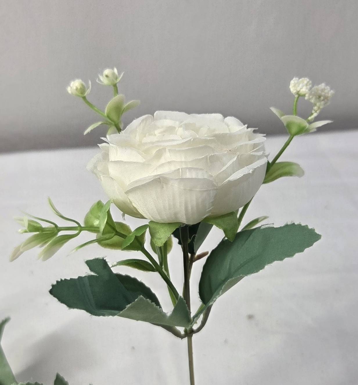 Faux Peony Rose Bouquet ROV-02 in glass vase - mixed white and pink peony arrangement with berry and wildflower accents