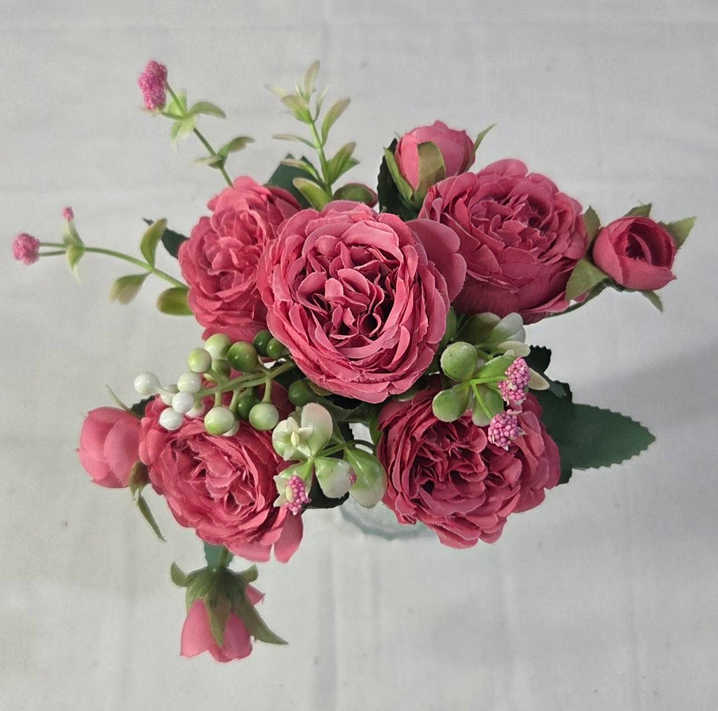Faux Peony Rose Bouquet ROV-03 single stem - deep mauve peony bloom with buds, pink wildflower sprays and green leaves