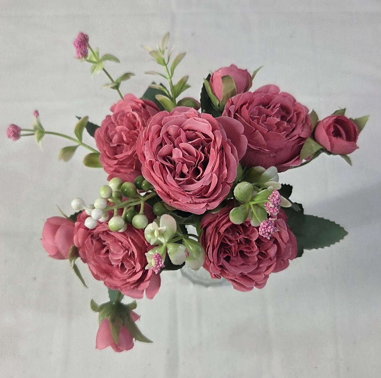 Faux Peony Rose Bouquet ROV-03 single stem - deep mauve peony bloom with buds, pink wildflower sprays and green leaves