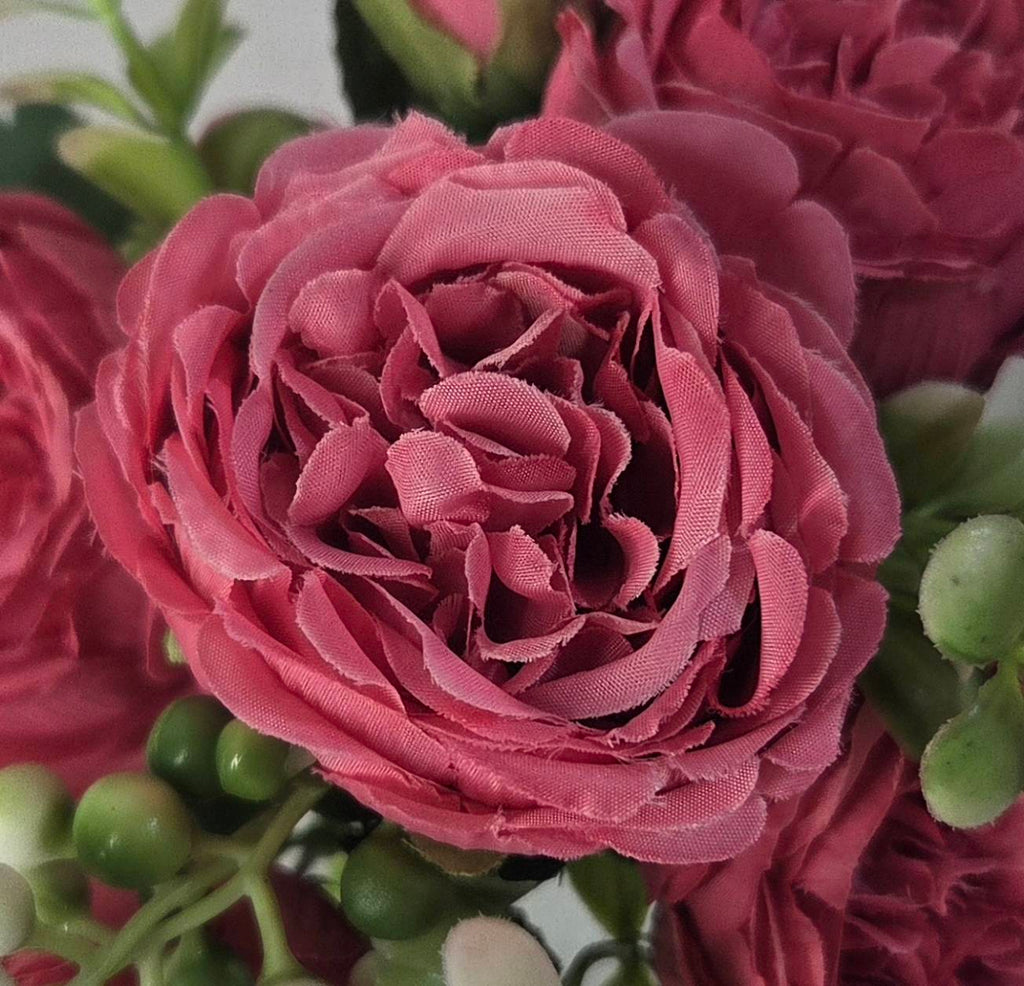 Faux Peony Rose Bouquet ROV-03 close-up - layered mauve peony petals with multiple buds and dark green serrated leaves