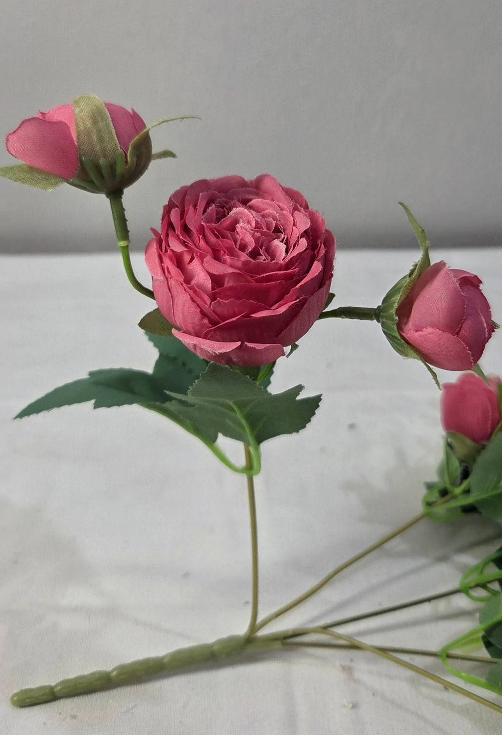 Faux Peony Rose Bouquet ROV-03 top view in vase - mauve, blush pink and white peony blooms with green berry clusters