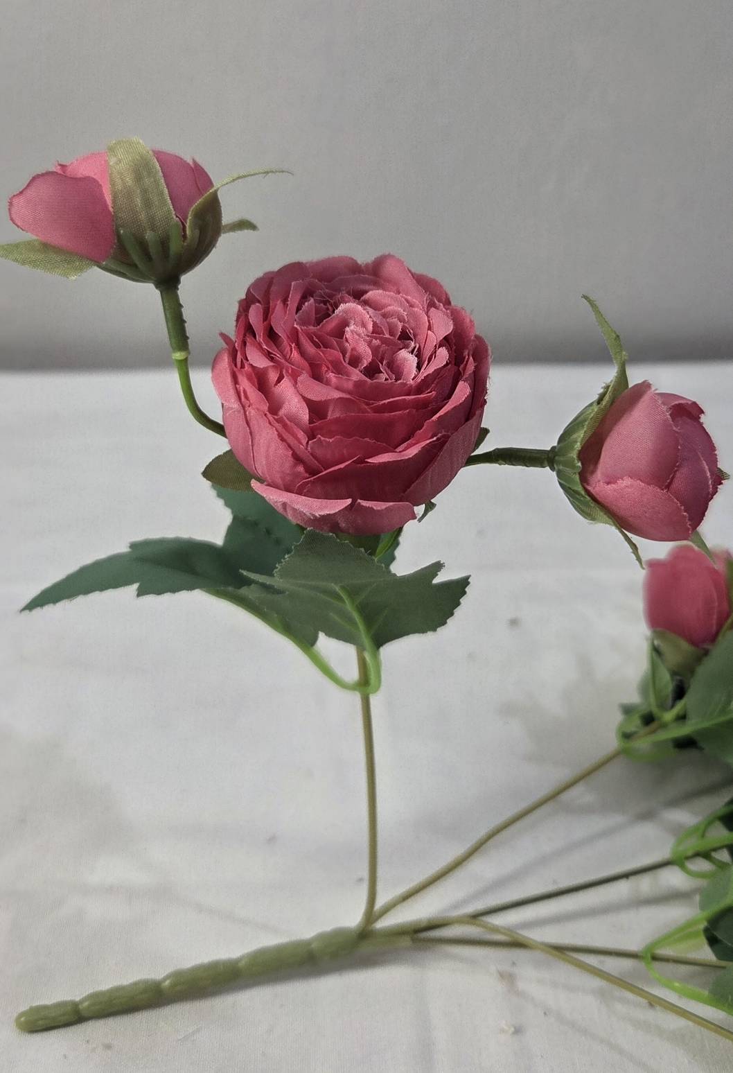 Faux Peony Rose Bouquet ROV-03 top view in vase - mauve, blush pink and white peony blooms with green berry clusters