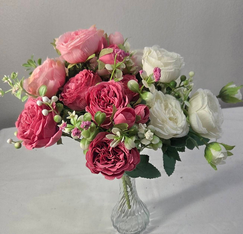 Faux Peony Rose Bouquet ROV-02 top view in vase - white, blush pink, and mauve peony blooms with green berry clusters