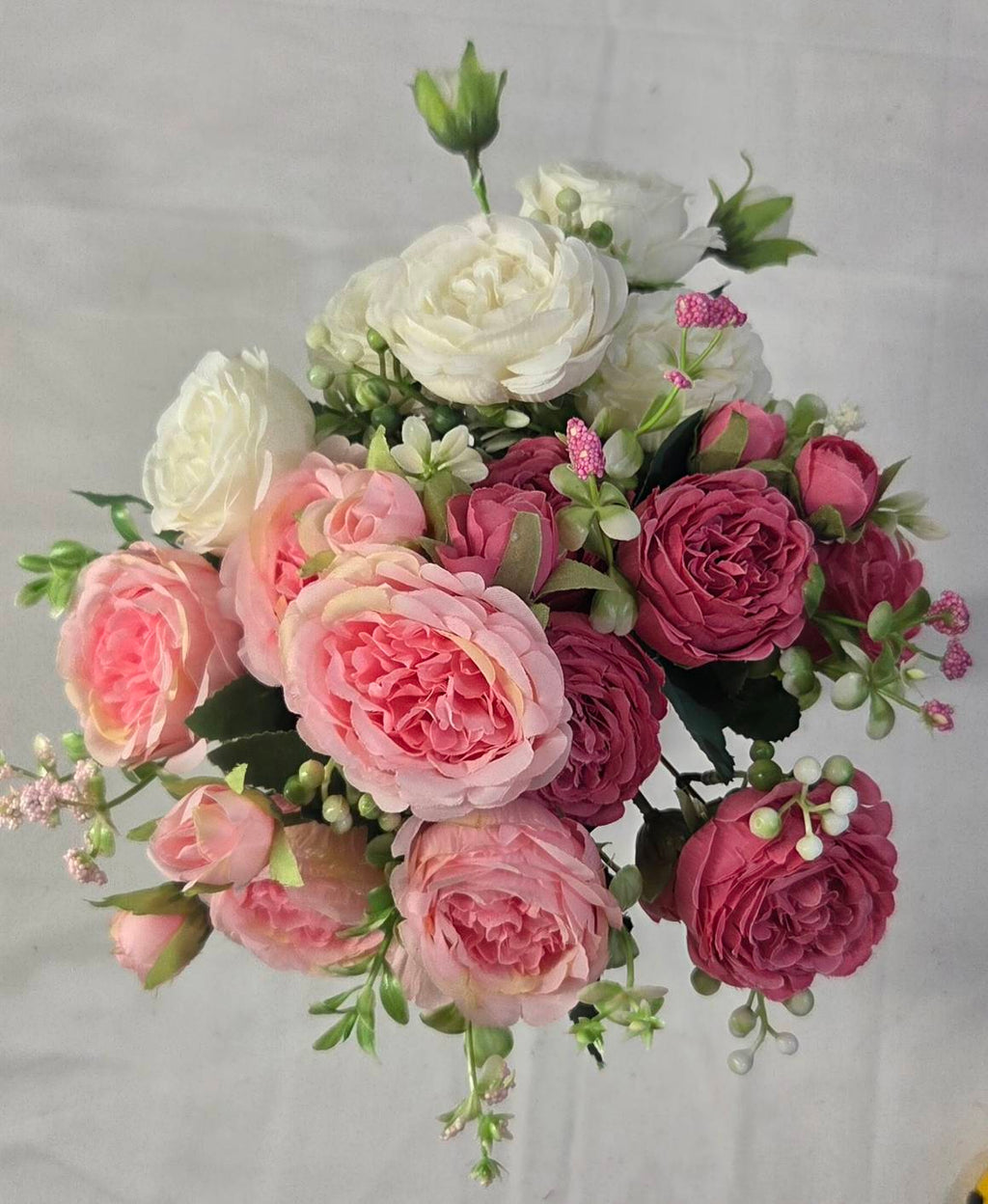 Faux Peony Rose Bouquet ROV-01 full arrangement - mixed blush pink and white peony bouquet in clear glass vase, side view