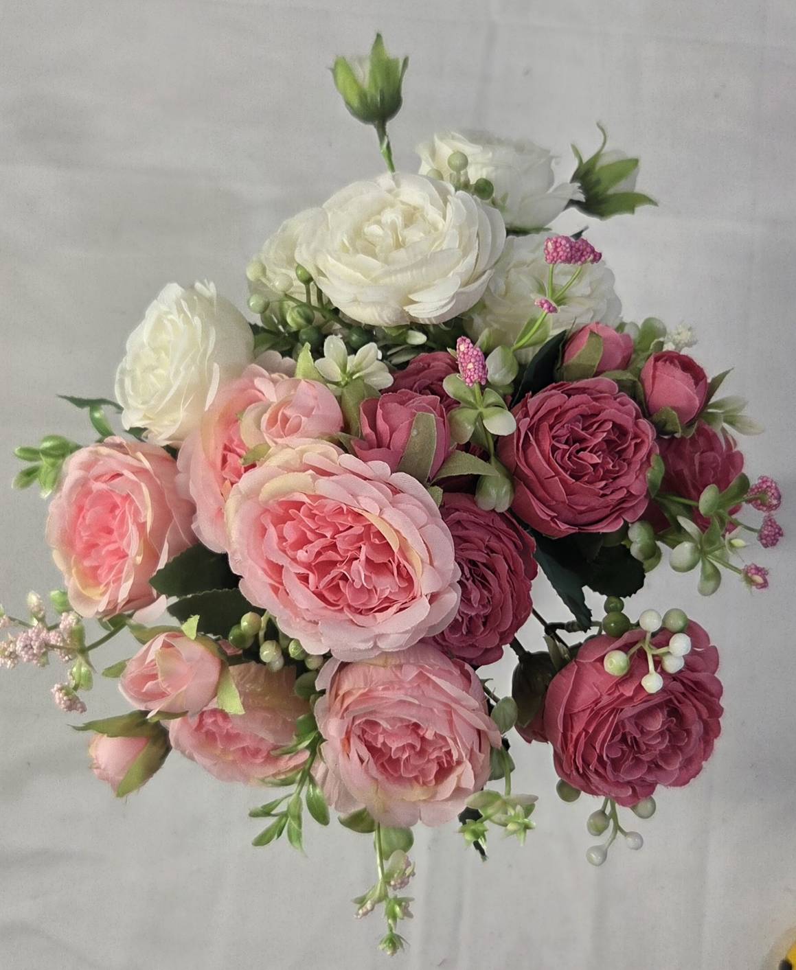 Faux Peony Rose Bouquet ROV-02 full arrangement - mixed white, blush, and dusty rose peony bouquet in clear glass vase, side view