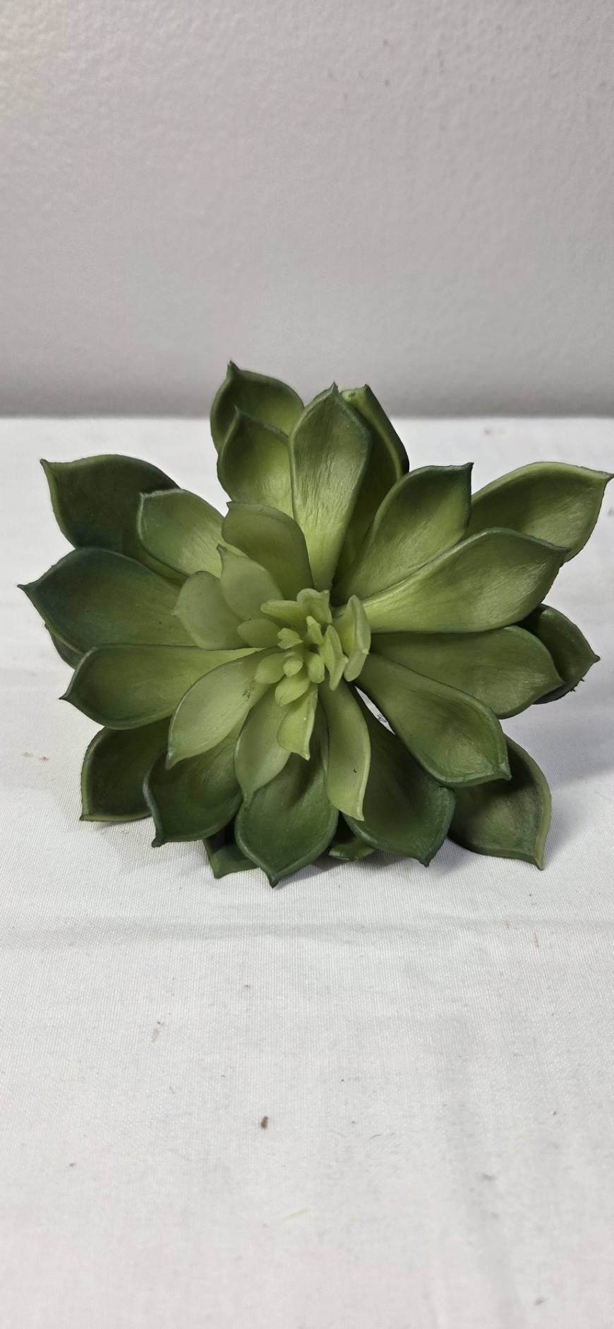 Faux Echeveria Succulent Stem SUC-02 top view - lifelike dark olive green succulent rosette with tightly layered pointed leaves and light green center