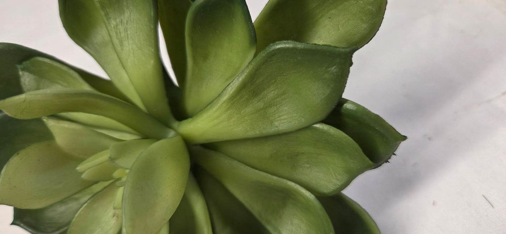 Faux Echeveria Succulent Stem SUC-02 side view - artificial dark green echeveria succulent with realistic textured stem on white linen background