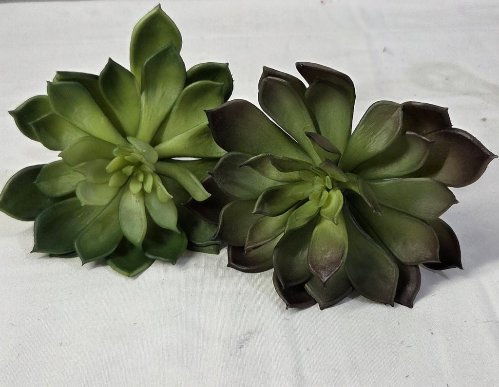 Faux Echeveria Succulent Stem SUC-02 size chart - 7 inch wide by 6 inch tall artificial dark green echeveria succulent on white background with measurements