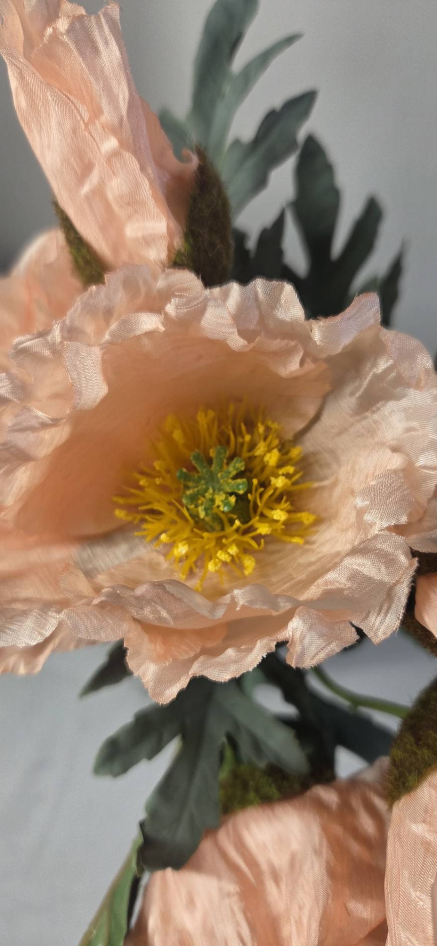 Close-up of faux peach poppy bloom with golden stamens and ruffled petals - PPY-02