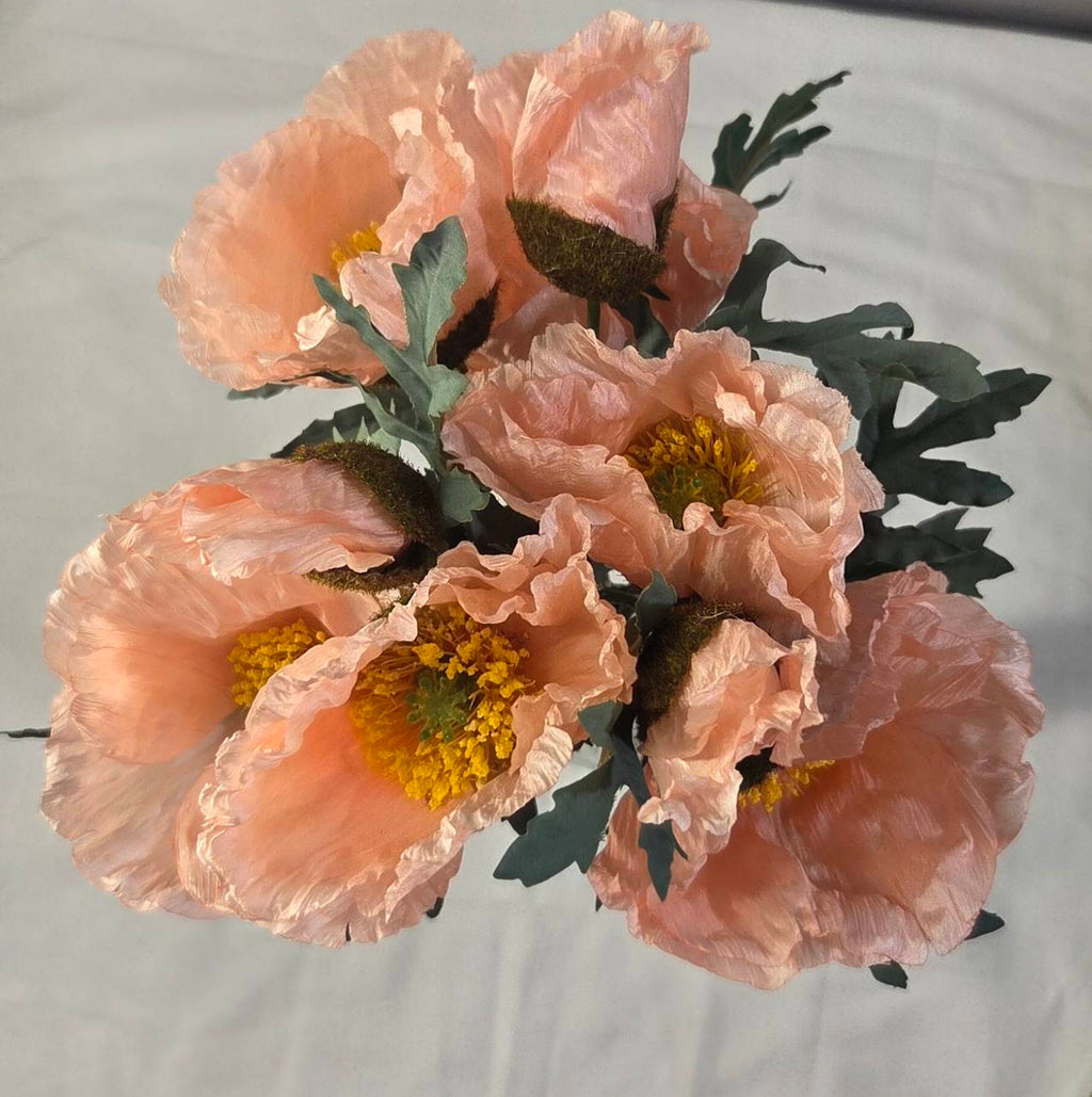 Faux peach poppy bouquet PPY-02 tied with twine on marble surface - full arrangement view