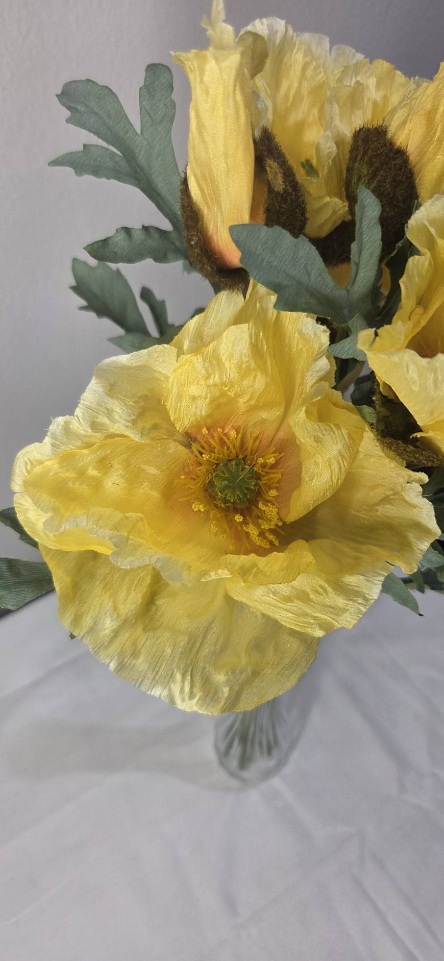 Close-up of faux yellow poppy bloom with golden stamens and ruffled petals - PPY-03