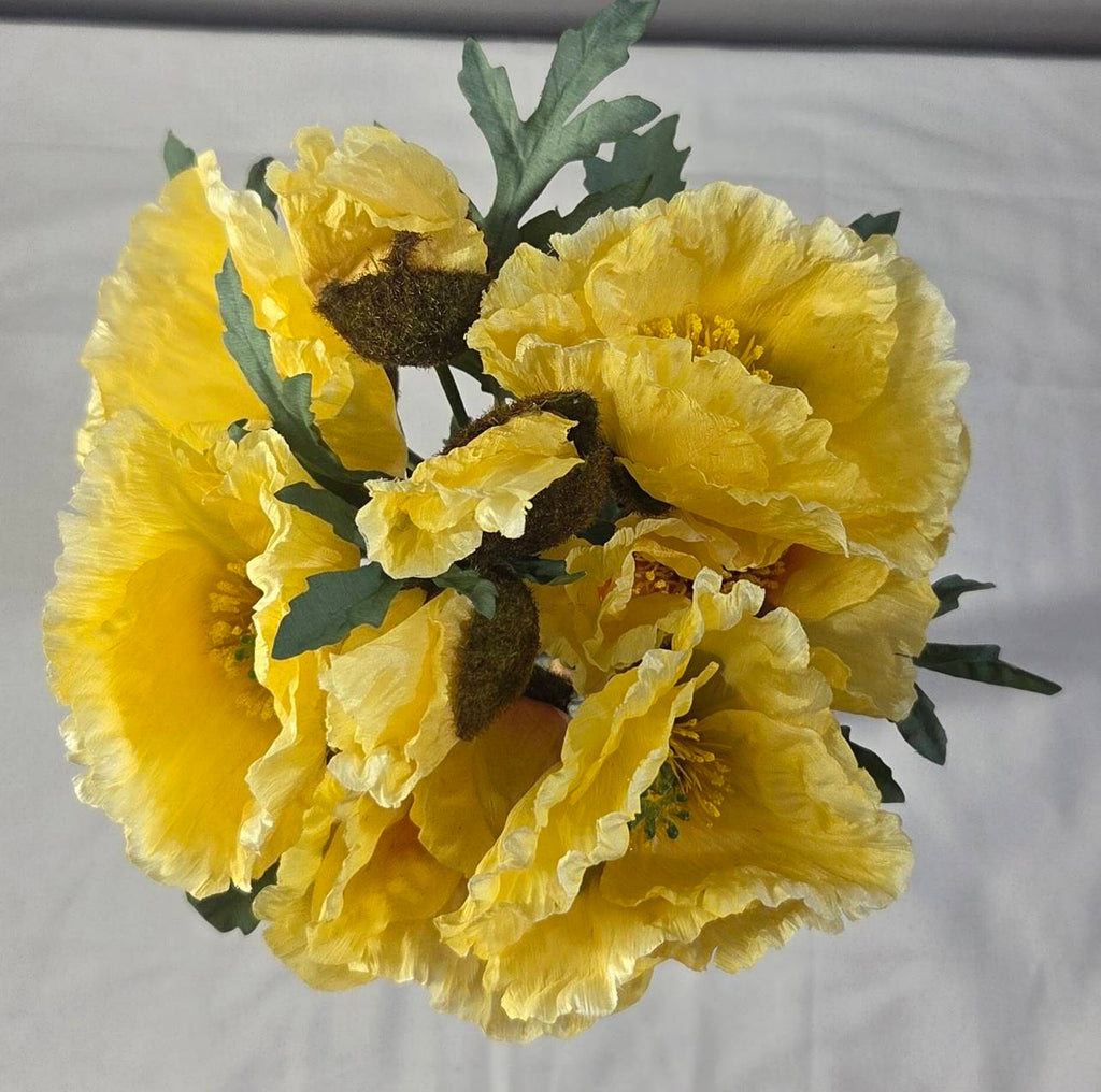 Top view of faux yellow poppy bouquet PPY-03 showing full bloom arrangement with sage-green foliage