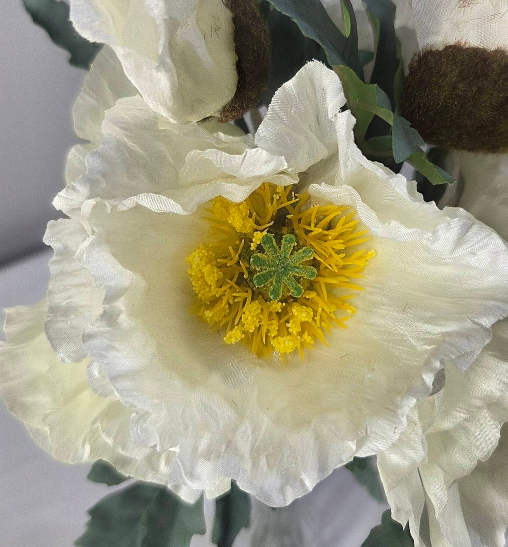 Close-up of faux white poppy bloom with golden yellow stamens and ruffled petals - PPY-04