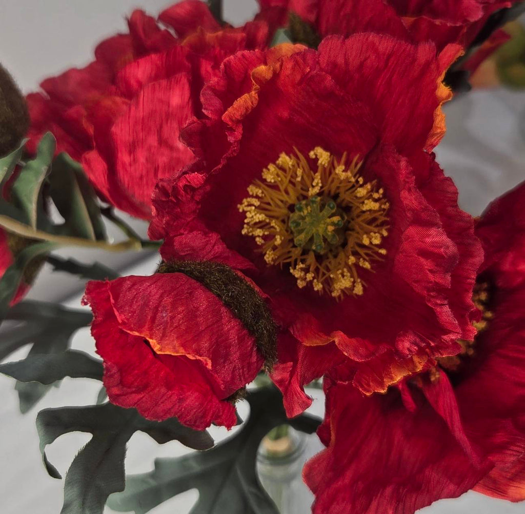 Close-up of faux red poppy petals with crimson and orange texture detail - PPY-01