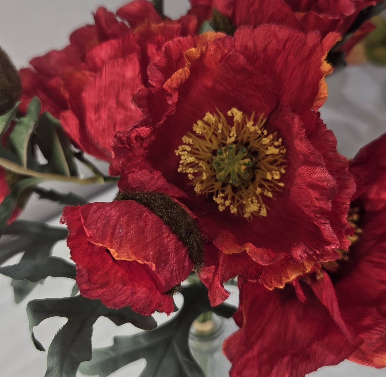 Close-up of faux red poppy petals with crimson and orange texture detail - PPY-01