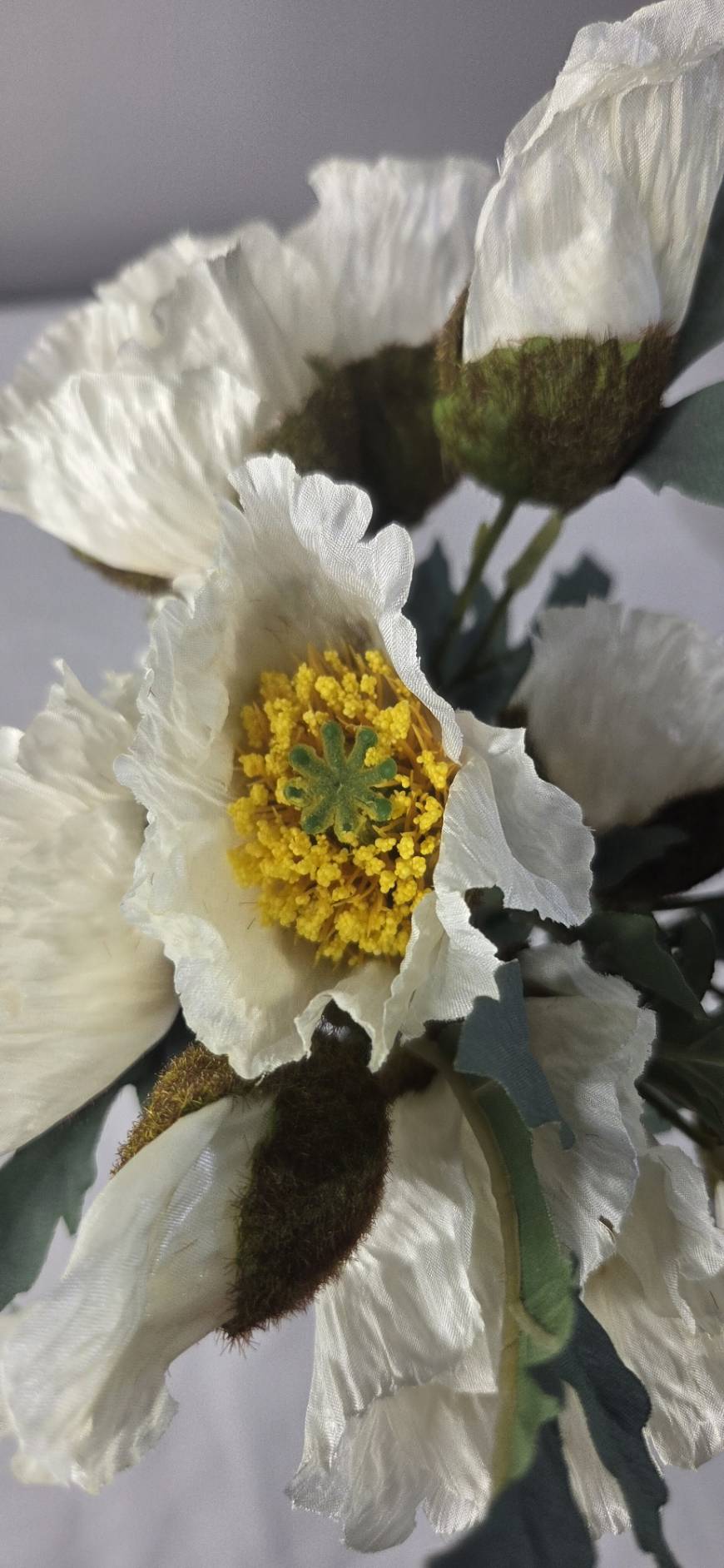 Faux White Poppy Bouquet PP-02 - close-up of white poppy flower with yellow center