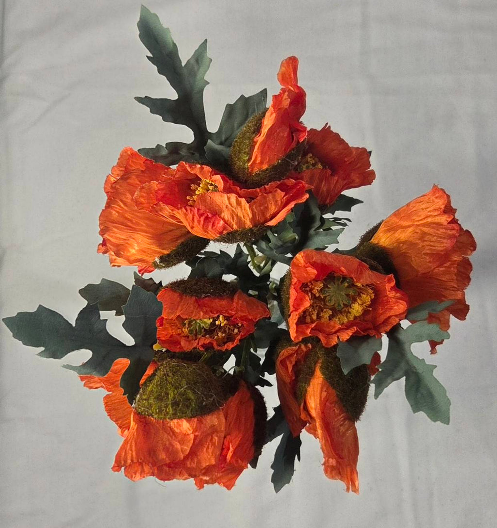 Faux Orange Poppy Bouquet PP-03 - top view of vibrant orange poppy bouquet with green foliage