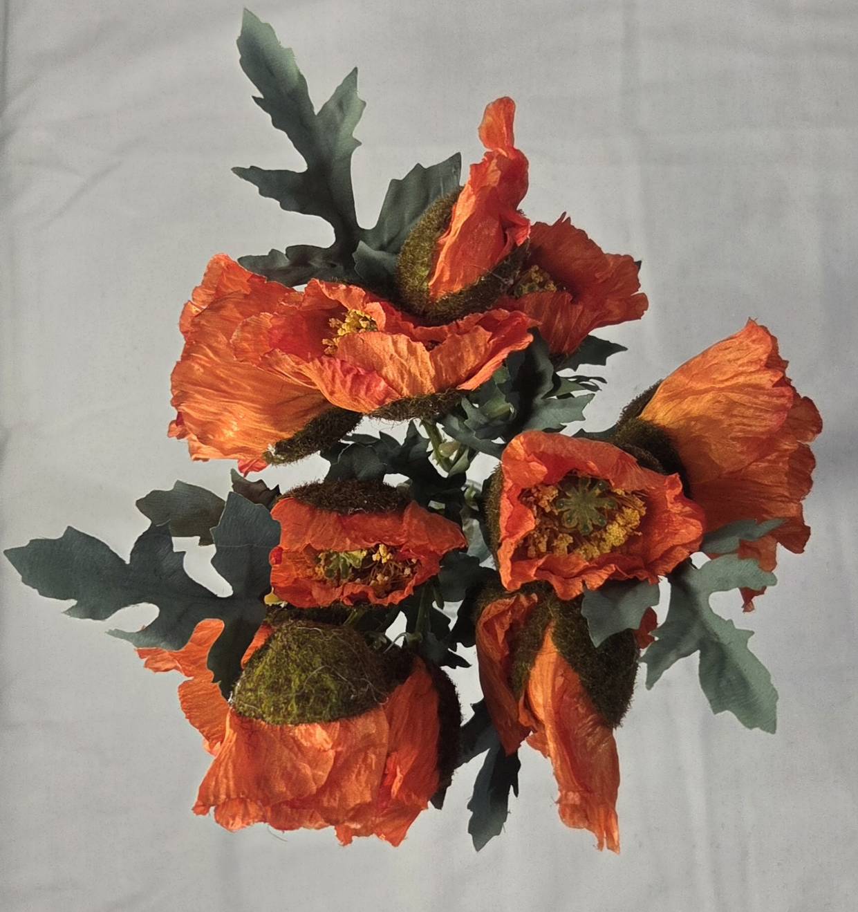 Faux Orange Poppy Bouquet PP-03 - top view of vibrant orange poppy bouquet with green foliage