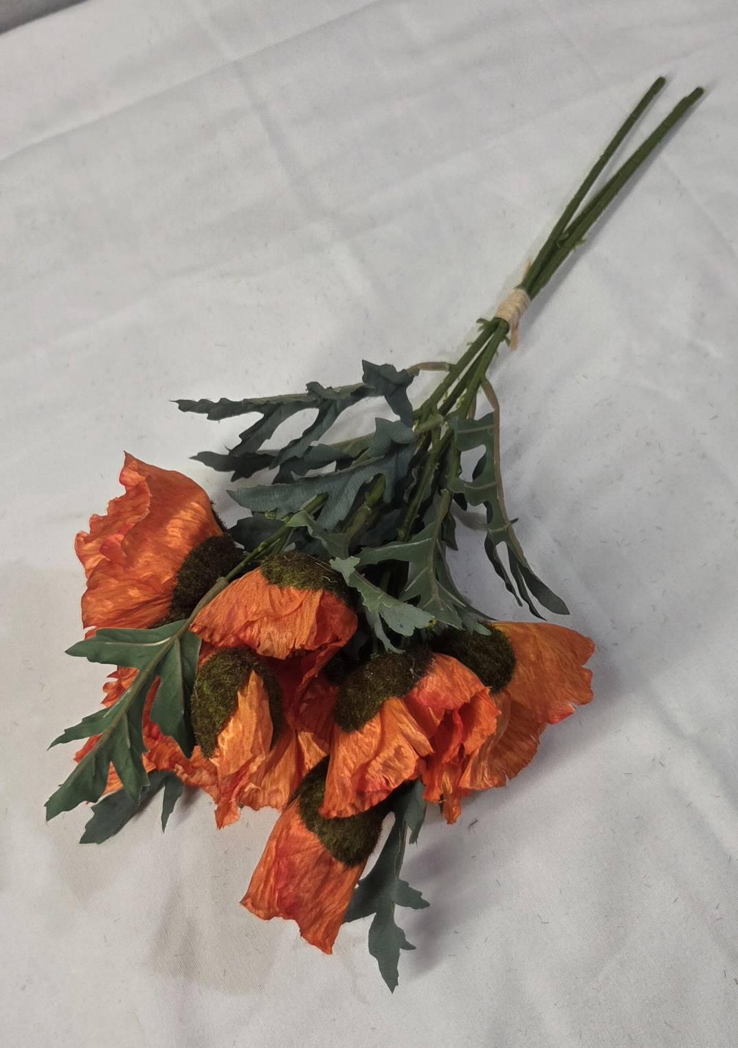 Faux Orange Poppy Bouquet PP-03 - styled on white table with magazine and ceramic decor