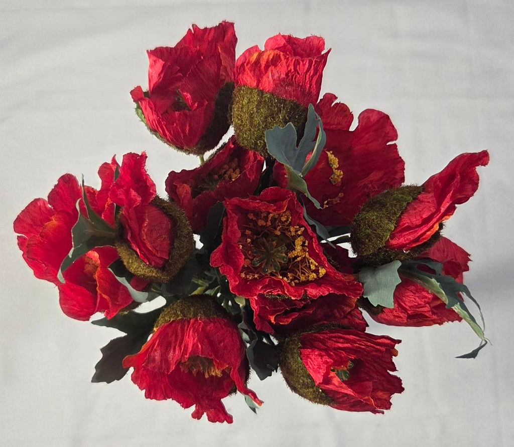 Faux Red Poppy Bouquet PP-04 - top view of full red poppy bouquet with dark green foliage