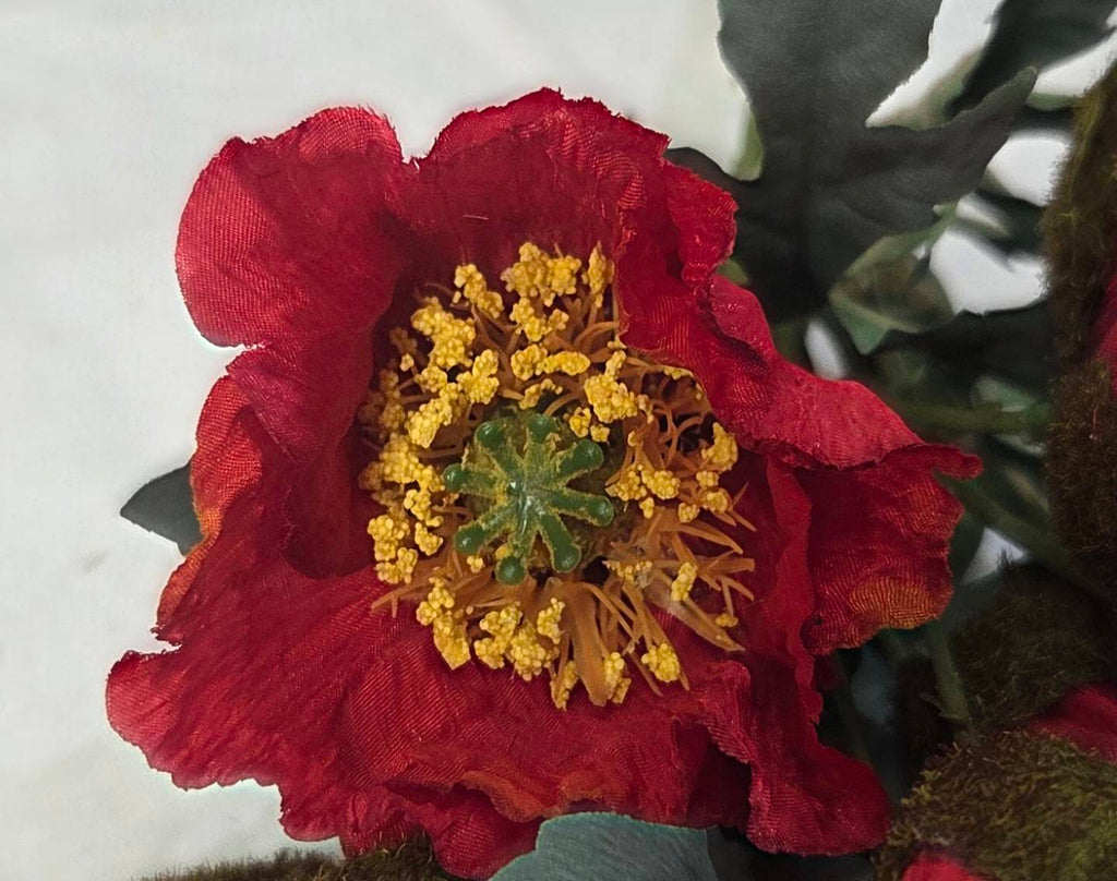Faux Red Poppy Bouquet PP-04 - close-up of red poppy flower with golden yellow stamen