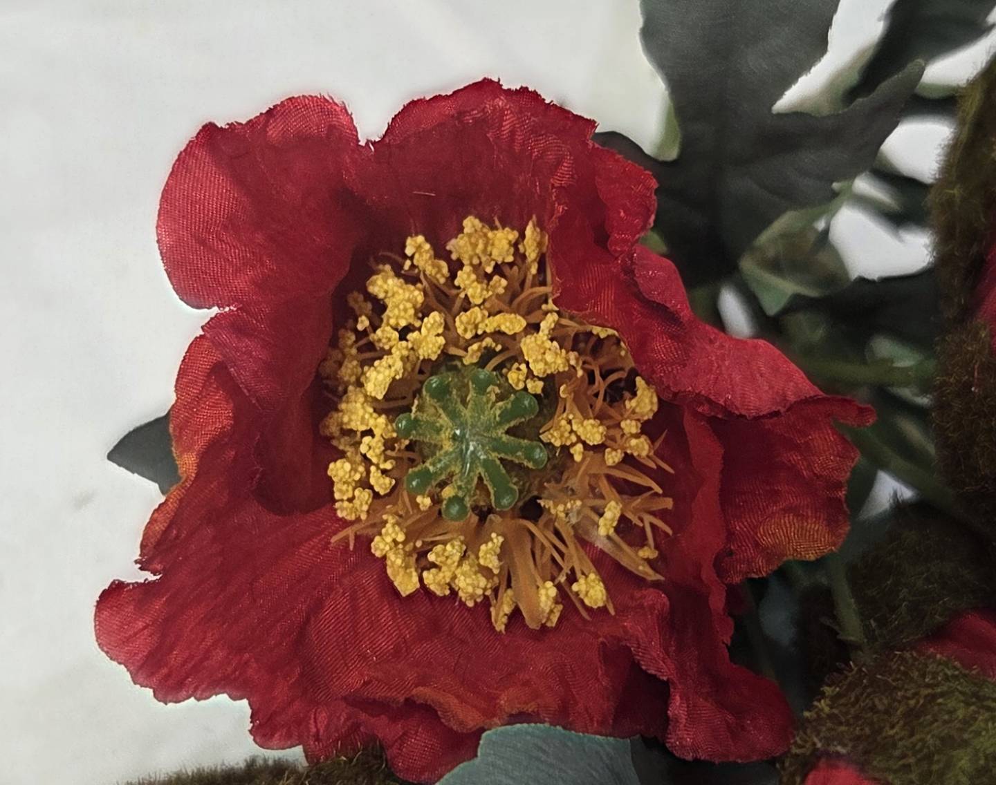 Faux Red Poppy Bouquet PP-04 - close-up of red poppy flower with golden yellow stamen