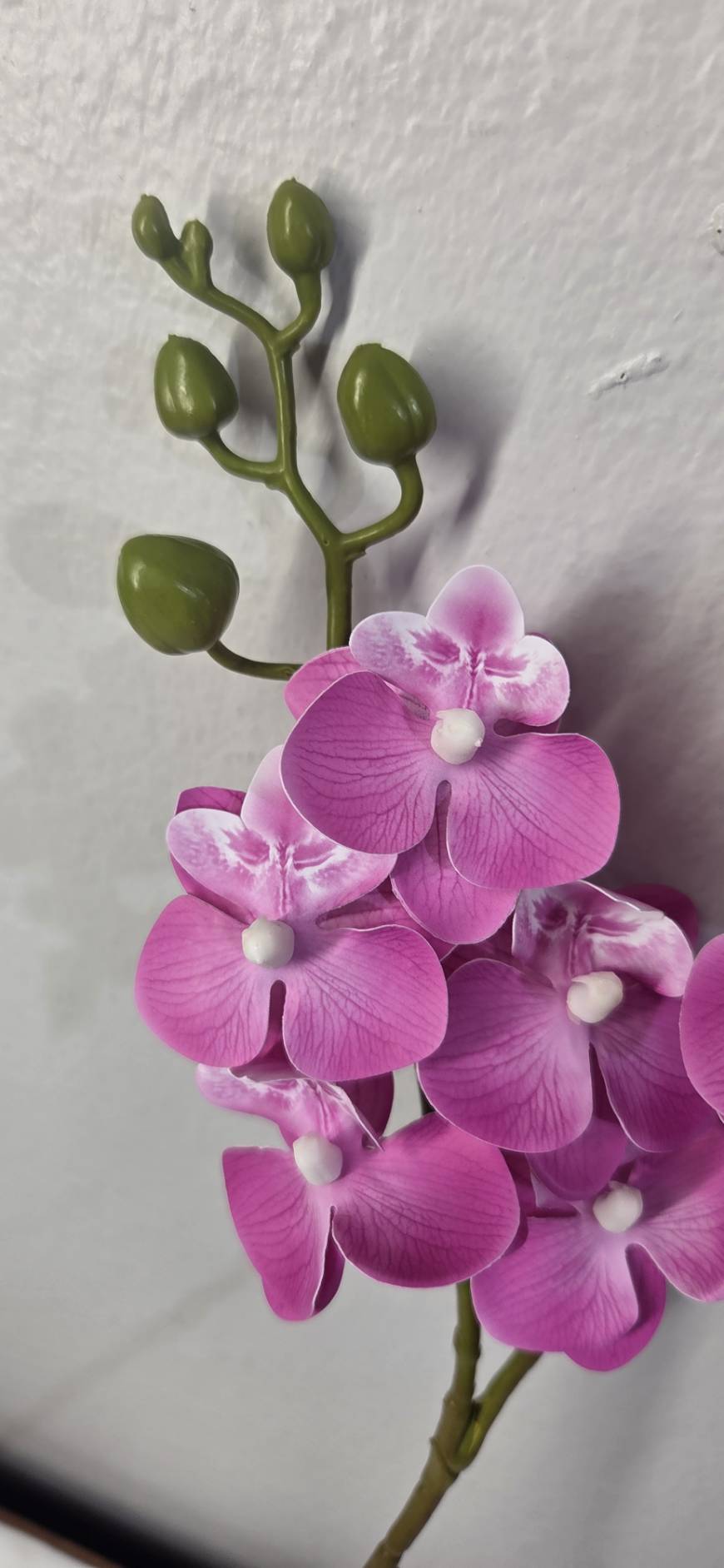 Faux Purple Phalaenopsis Orchid Stem OCT-04 - detail of purple petals and olive green buds