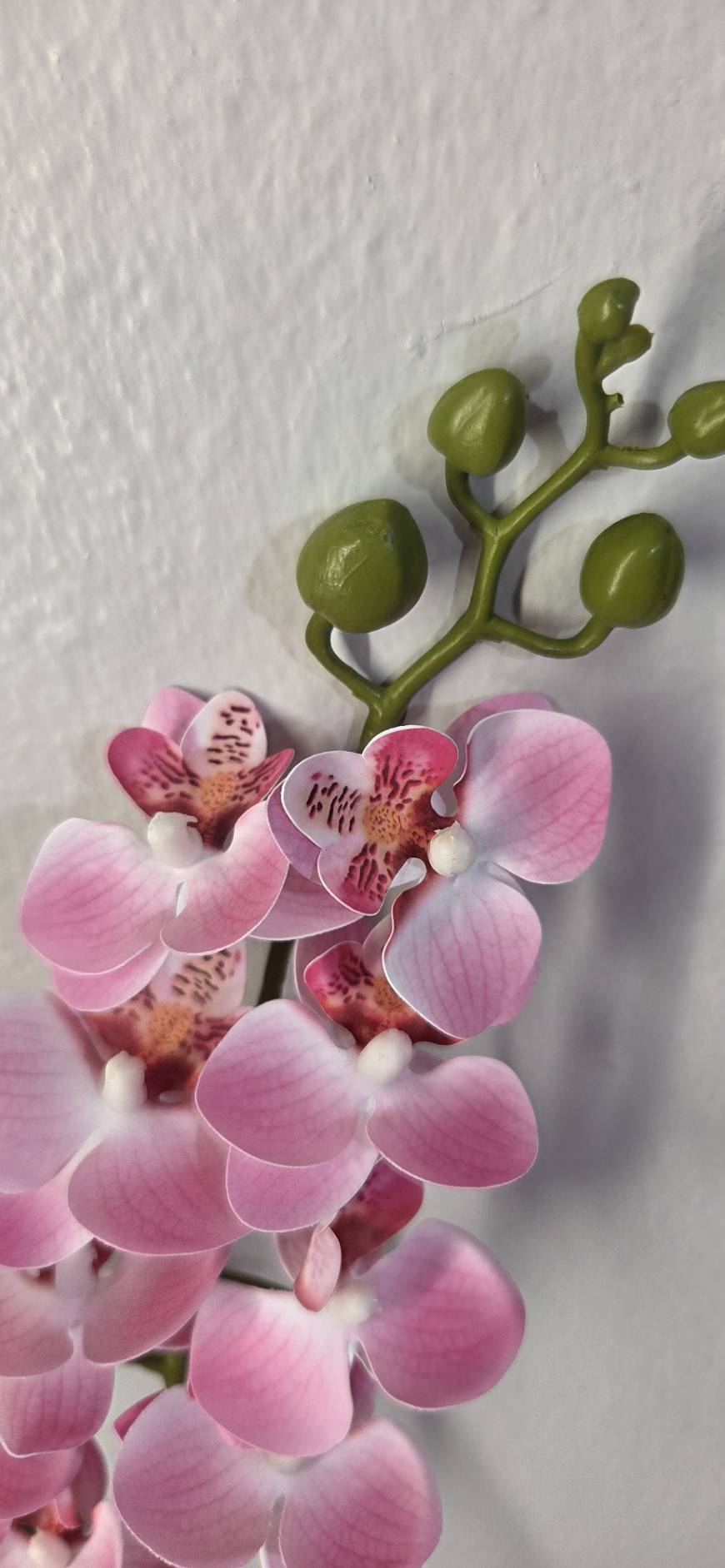 Faux Light Pink Phalaenopsis Orchid Stem OCT-05 - close-up of blush pink orchid blooms with speckled burgundy centers