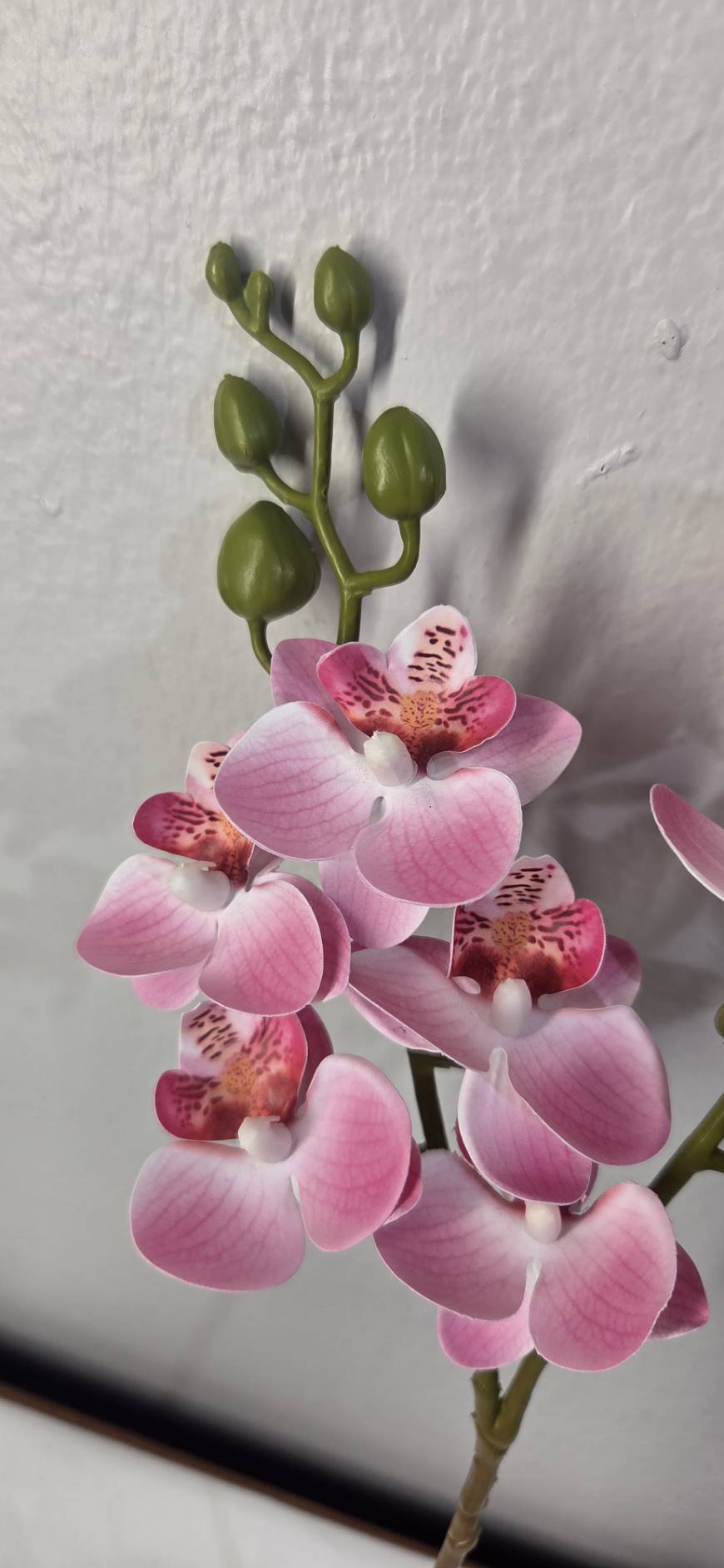Faux Light Pink Phalaenopsis Orchid Stem OCT-05 - detail of light pink petals and olive green buds
