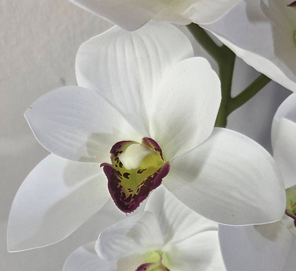 Faux White Cymbidium Orchid Stem ORA-01 - detail of white petals with burgundy speckled center