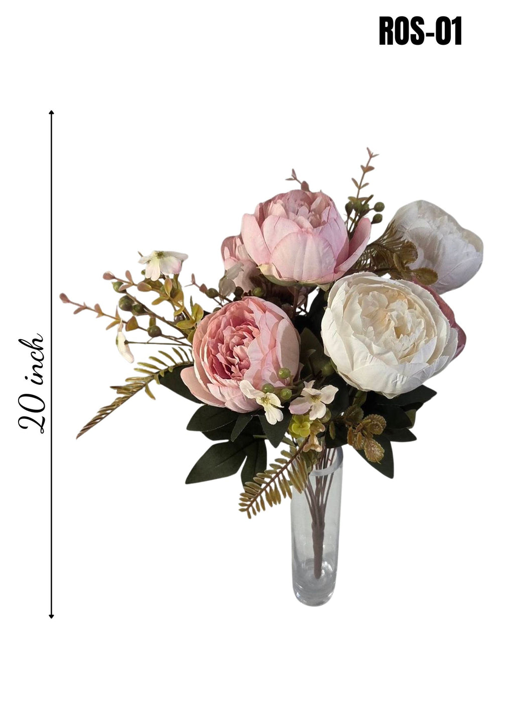 Faux Peony Rose Bouquet ROS-01 in glass vase, pink and white peony arrangement, 20 inch height