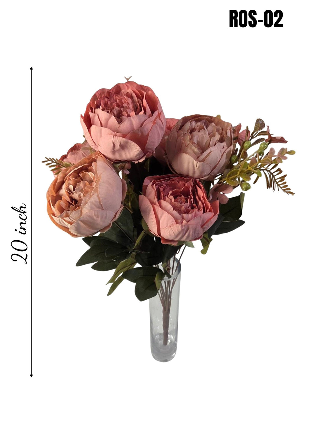 Faux Peony Rose Bouquet ROS-02 in glass vase, dusty rose and mauve peony arrangement, 20 inch height
