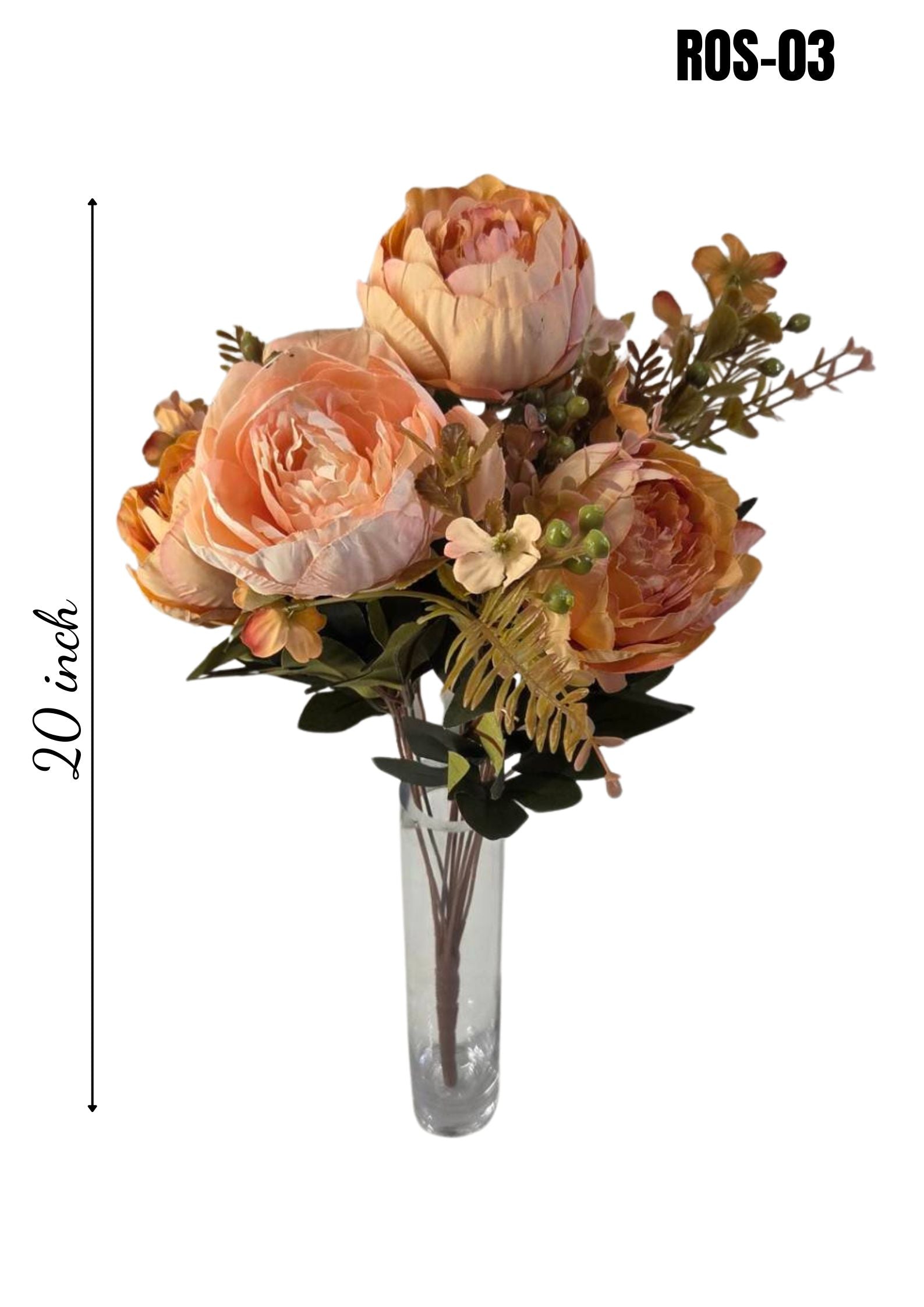 Faux Peony Rose Bouquet ROS-03 lifestyle - peach and blush peony bouquet on open book with pumpkin and amber bottle, autumn vibe