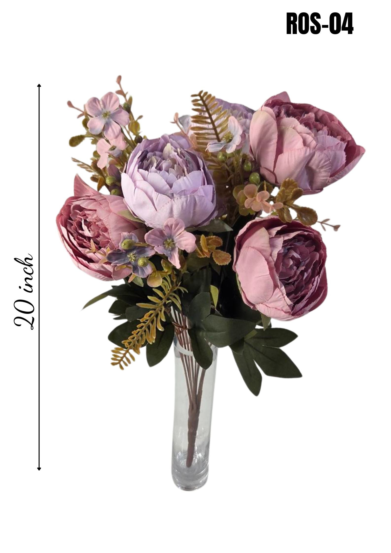 Faux Peony Rose Bouquet ROS-04 in glass vase - lavender and mauve pink peony arrangement, 20 inch height