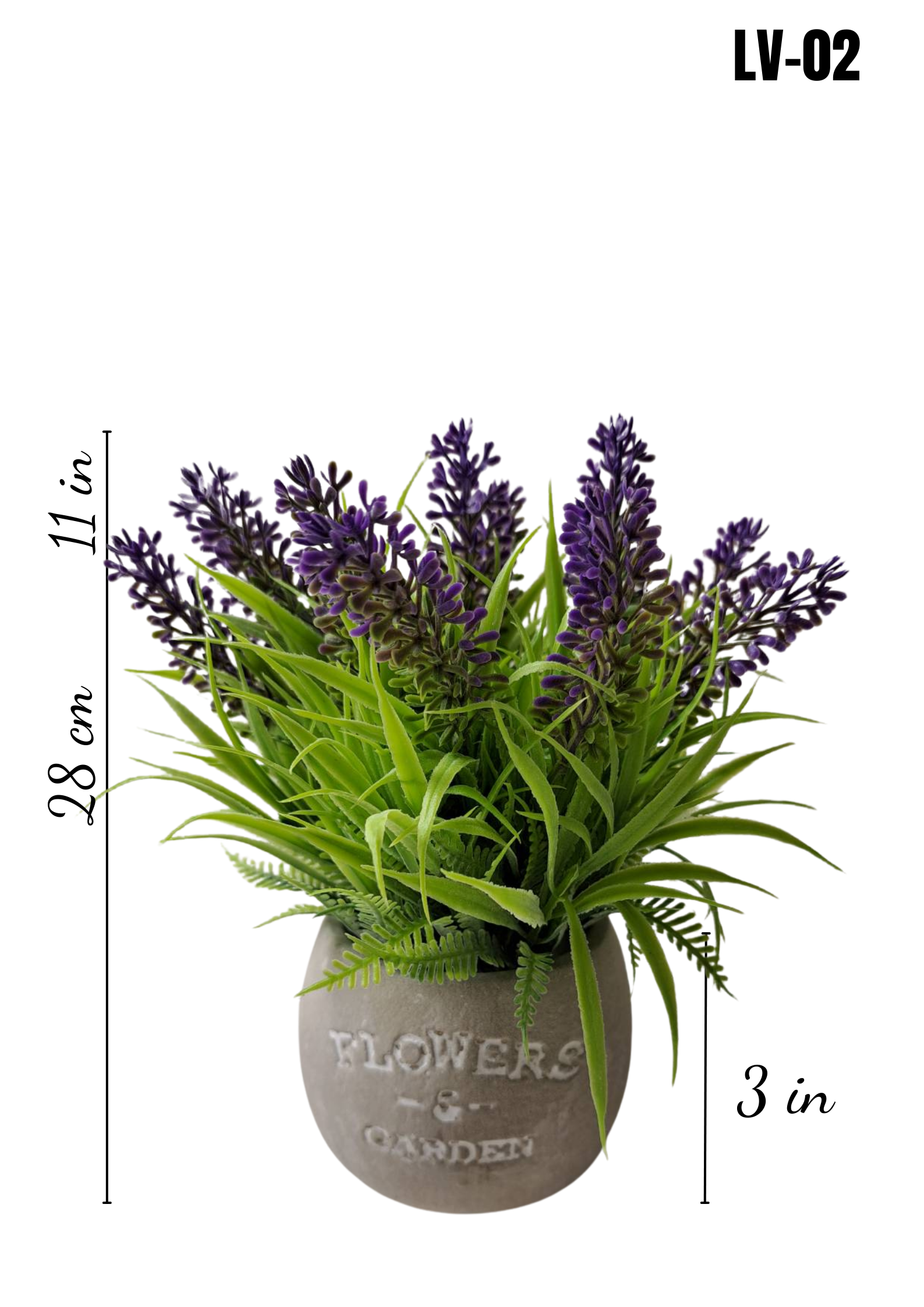 LV-01 faux lavender plant 11in height 3in cement pot dimensions