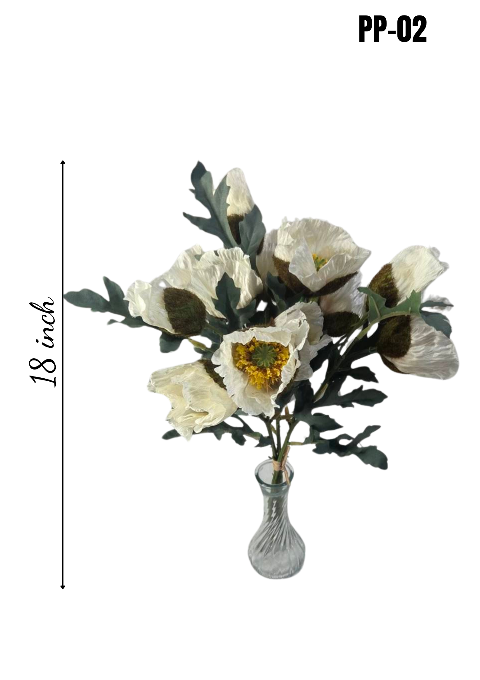 Faux White Poppy Bouquet PP-02 - close-up detail of white ruffled petals and yellow stamen