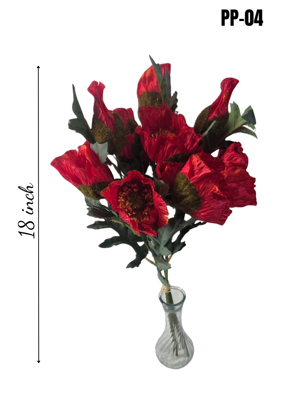 Faux Red Poppy Bouquet PP-04 - 18 inch artificial red poppy arrangement in glass vase